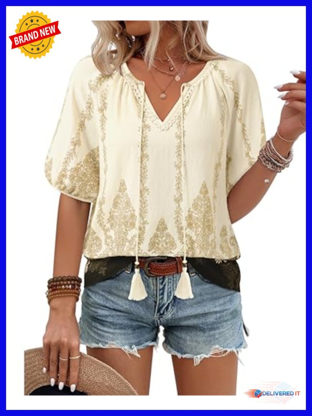 Boho V-Neck Short Sleeve Blouse Floral Print Tie Front Peasant Top